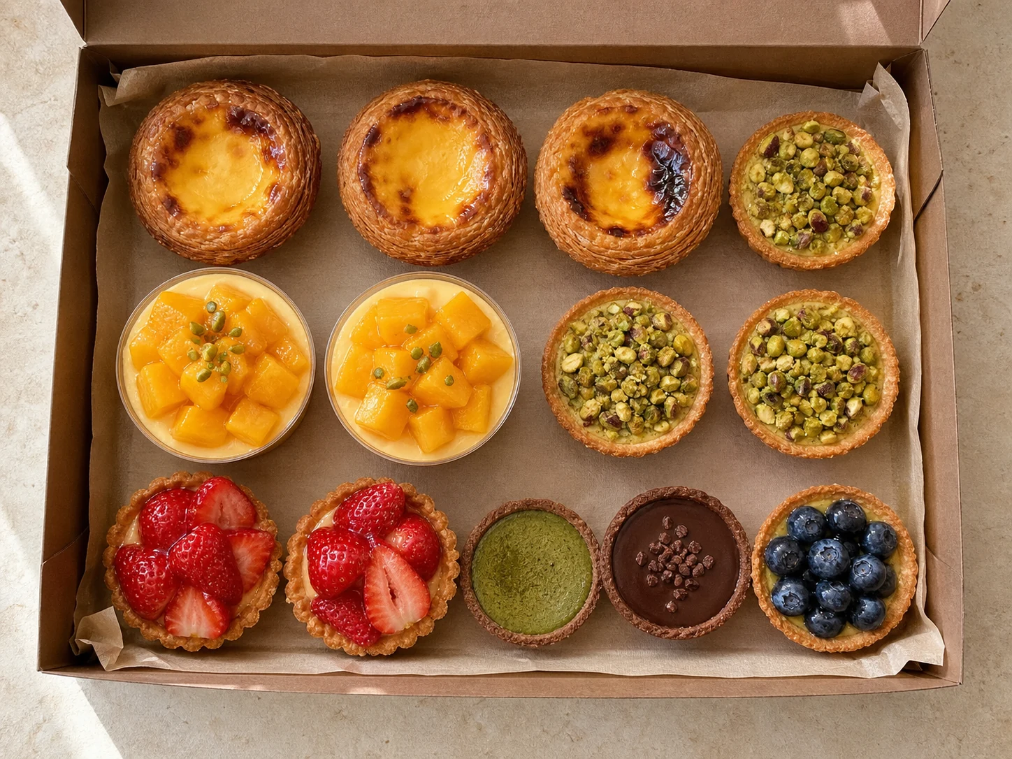 Overhead view of a box filled with egg, pistachio, mango, strawberry, matcha, chocolate and blueberry tarts