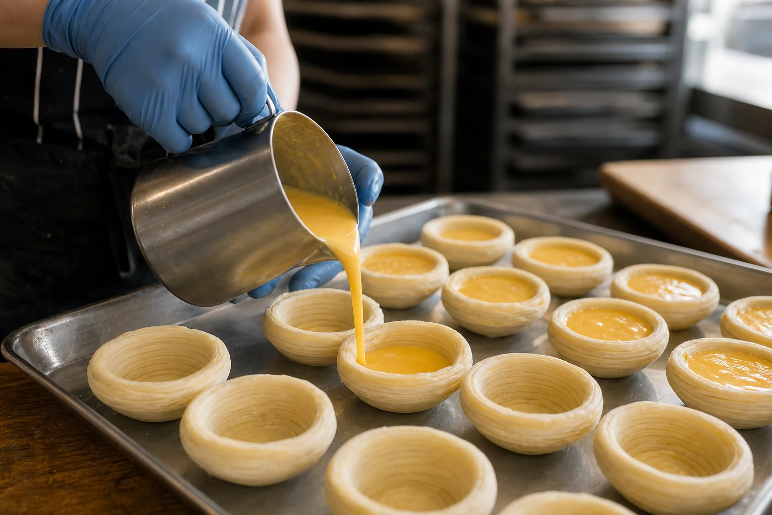 Blue-gloved baker pouring custard into rows of laminated tart shells