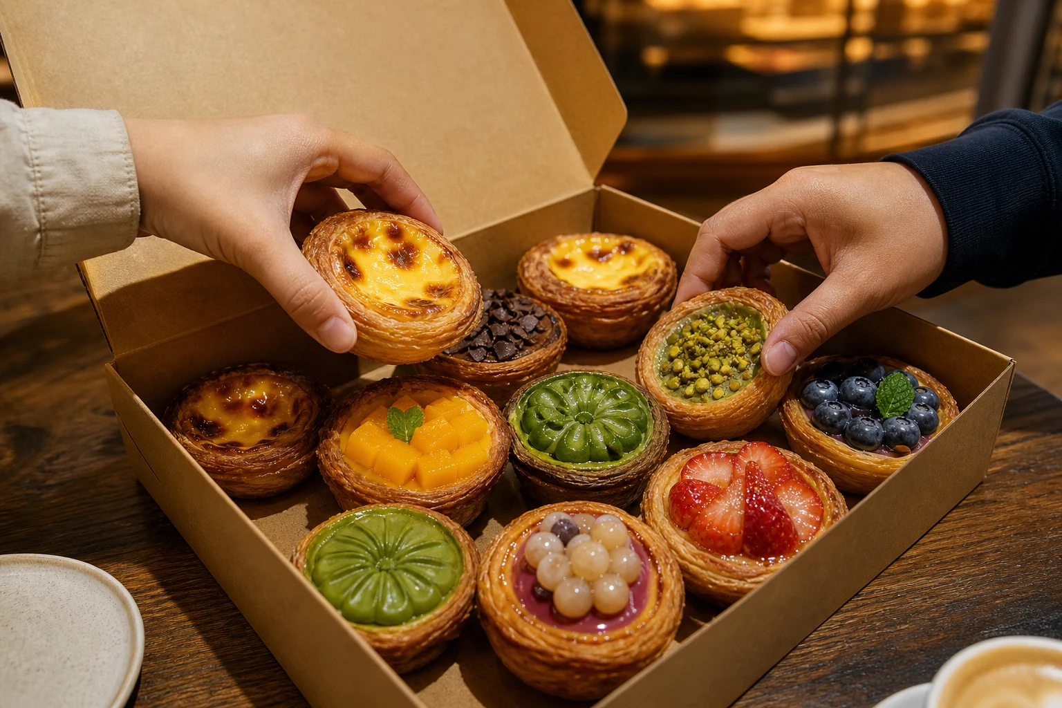 Two people choosing an egg tart and a pistachio tart from a colourful sharing box